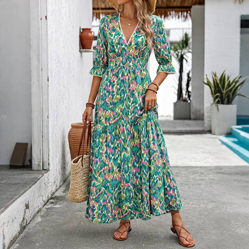 Abstract Maxi Dress V Neck Tiered: Green / 100% Viscose: Small - XL