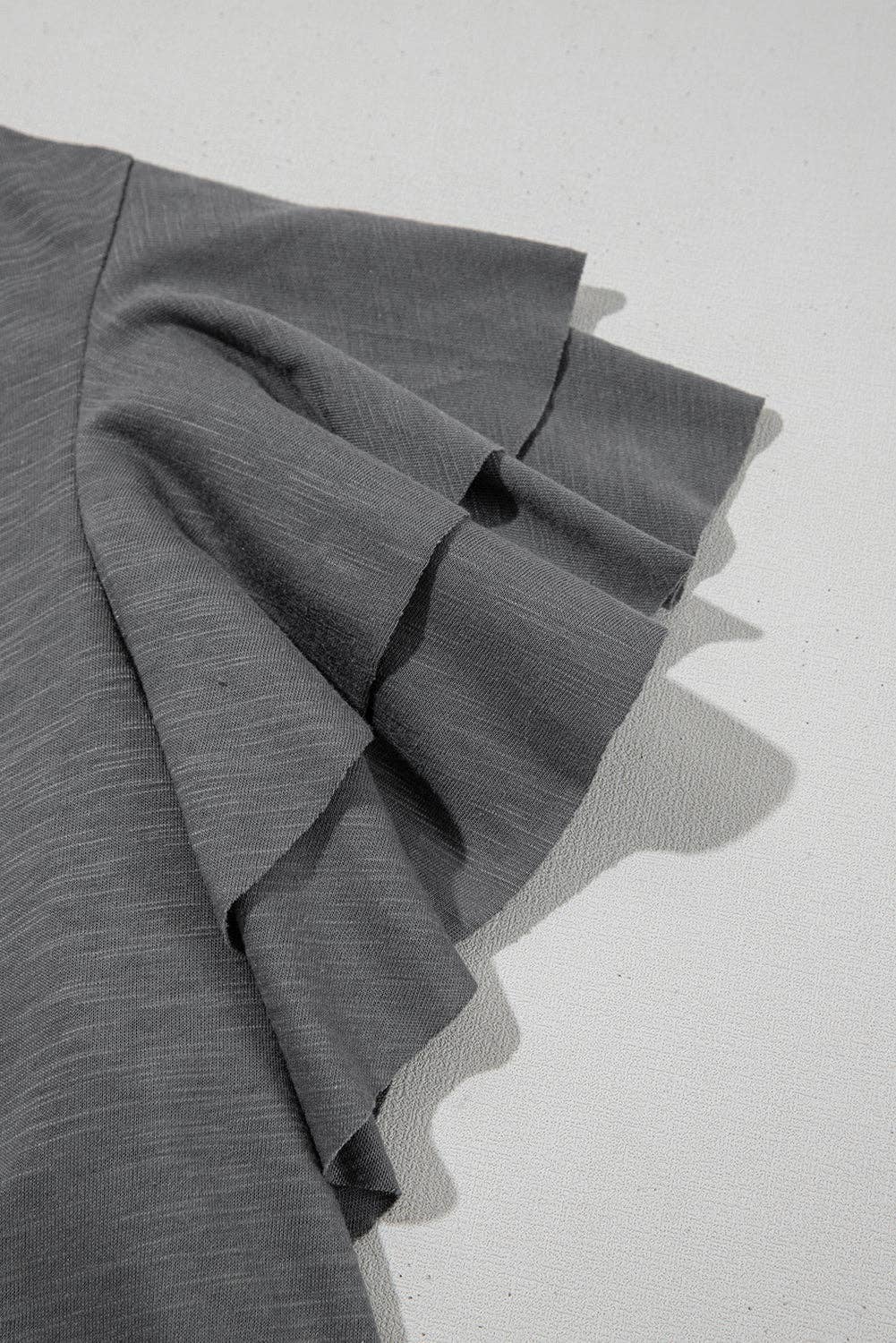 Dark Gray Layered Ruffle Short Sleeve Round Neck Top: S-L