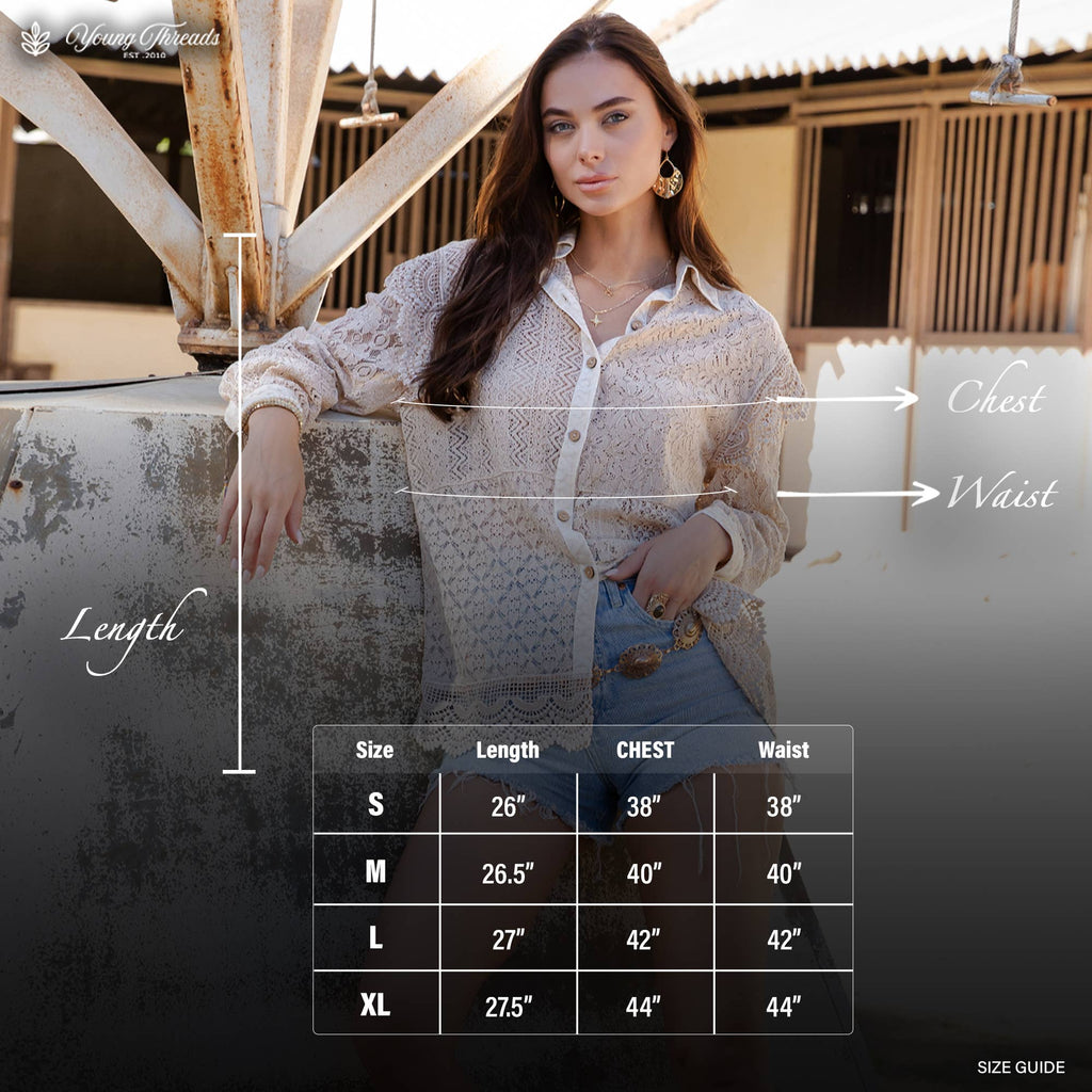Young Threads Desert Dream Rhapsody Shirt All Lace Ruffle Shoulder Button Front: LATTE / Sizes Small - 3X!