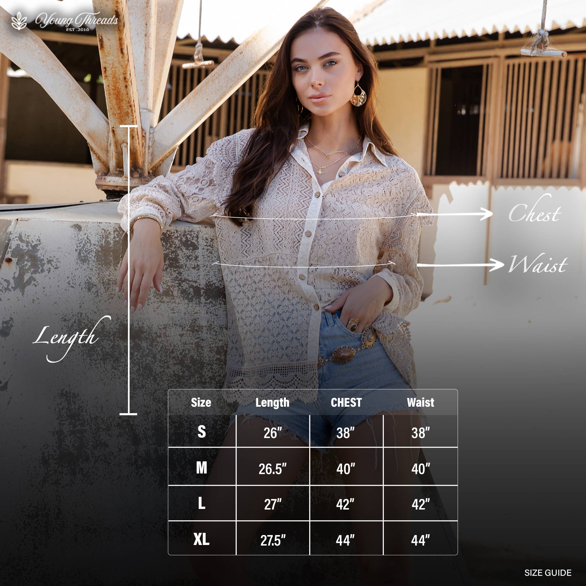 Young Threads Desert Dream Rhapsody Shirt All Lace Ruffle Shoulder Button Front: LATTE / Sizes Small - 3X!