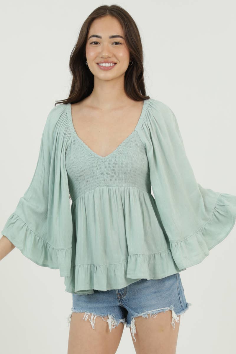 Daydreamer Smocked Bell Sleeve Top Sizes Sm-Lg