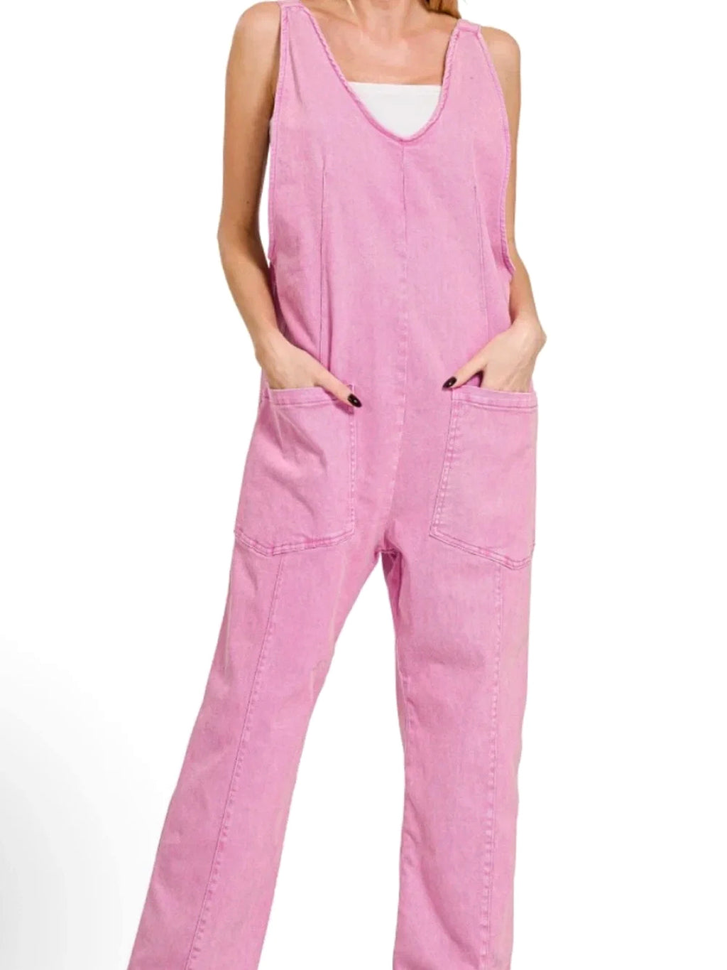 Zenana Mineral Washed Adjustable Strap Overalls/Jumpsuit - Pink - Small - Large