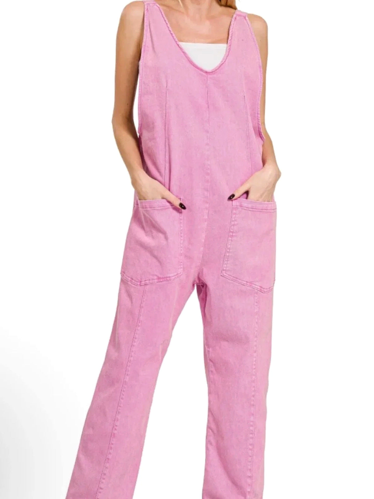 Zenana Mineral Washed Adjustable Strap Overalls/Jumpsuit - Pink - Small - Large