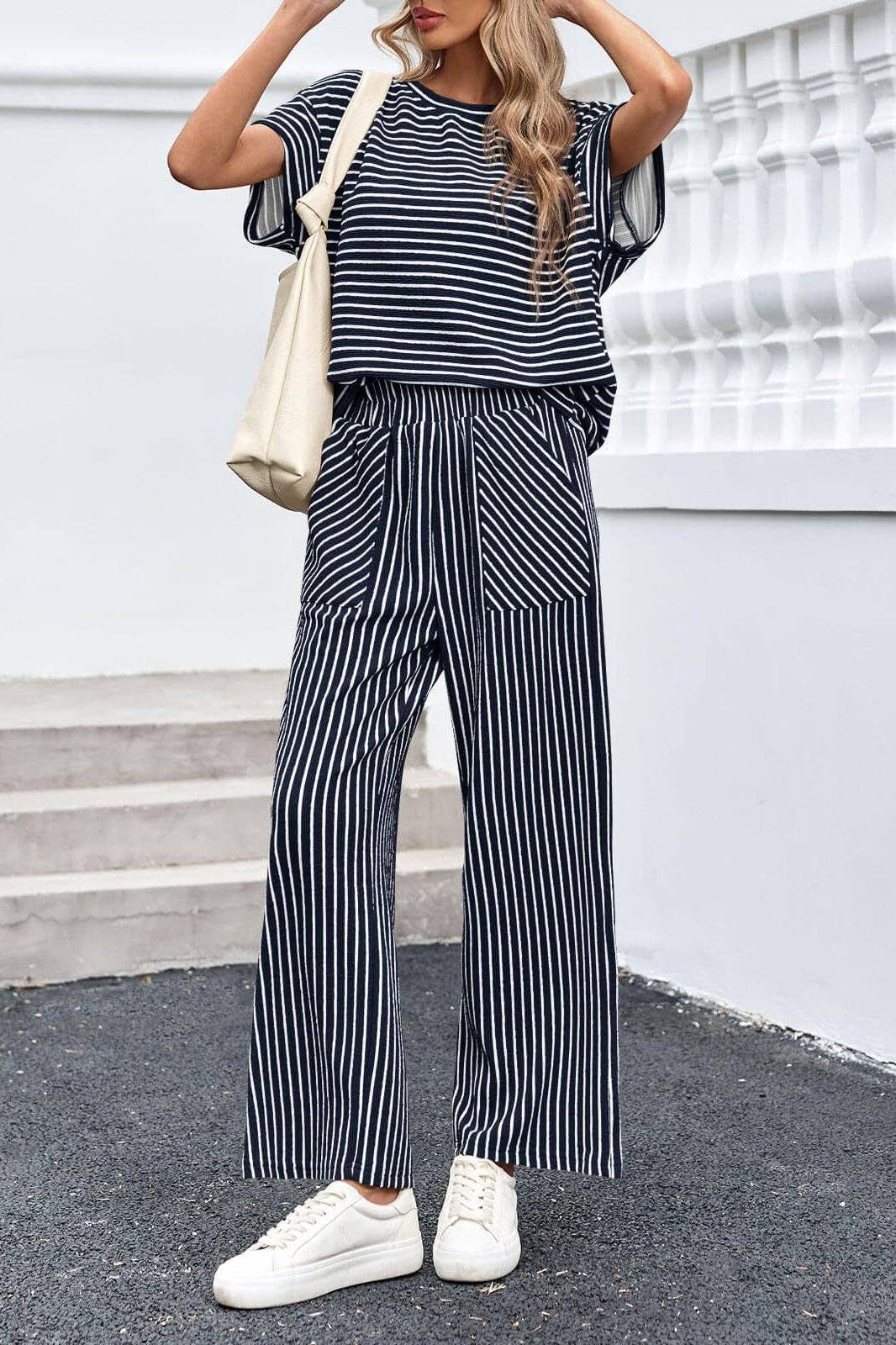 Striped Wide Leg Pants Set Casual 2 Piece Outfit: Black/Navy/Tan / S-2X