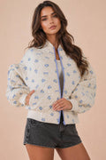 Floral Printed Quilted Oversized Casual Jacket: BLUE MIX