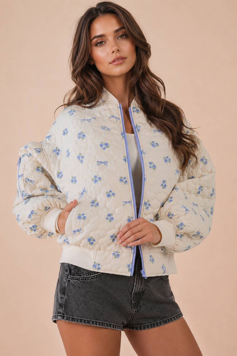 Floral Printed Quilted Oversized Casual Jacket: BLUE MIX