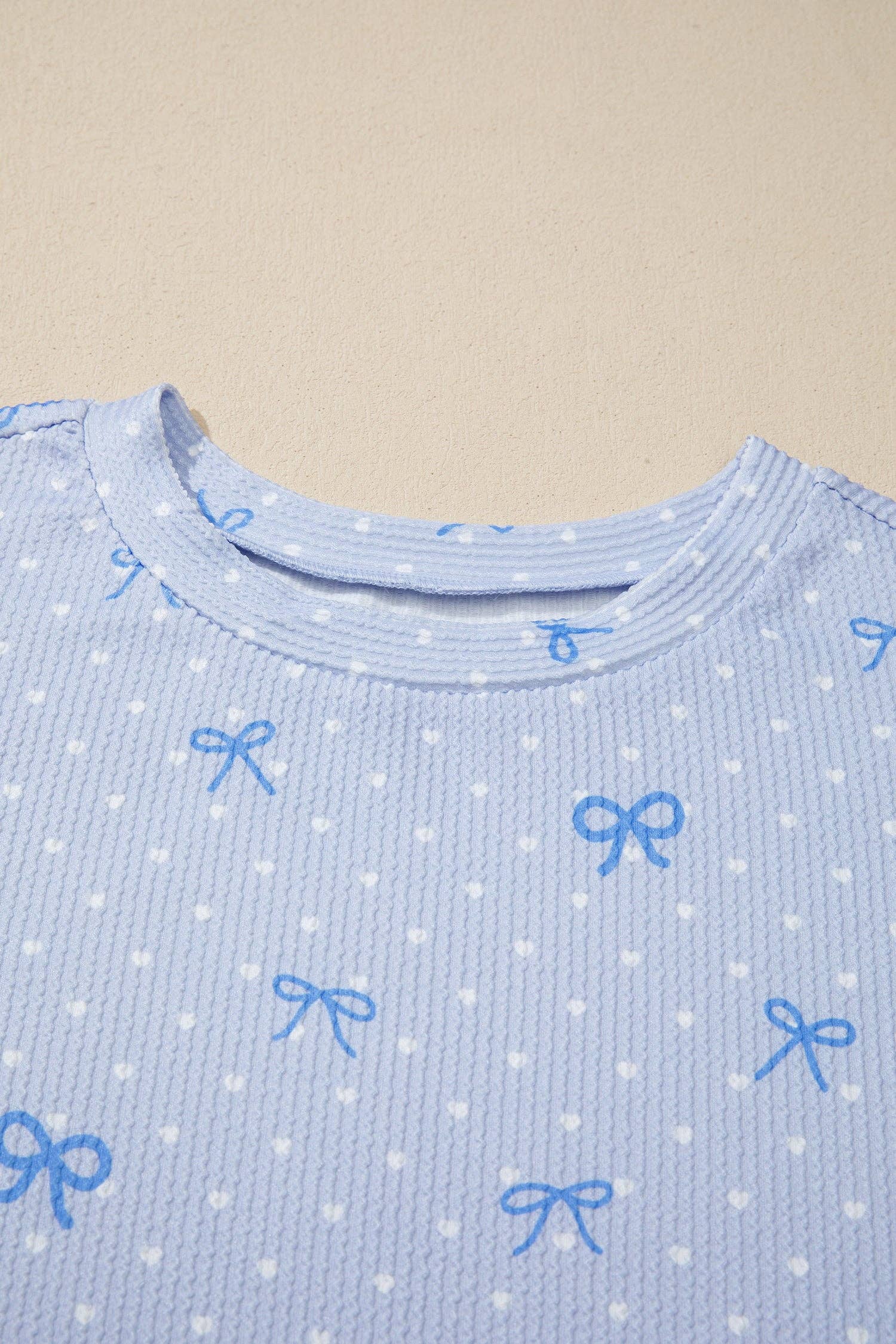 Bow Textured Ribbed Lounge Set Casual Short Set: Sky Blue S-XL