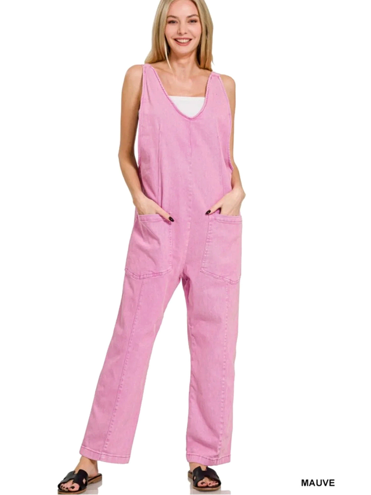 Zenana Mineral Washed Adjustable Strap Overalls/Jumpsuit - Pink - Small - Large