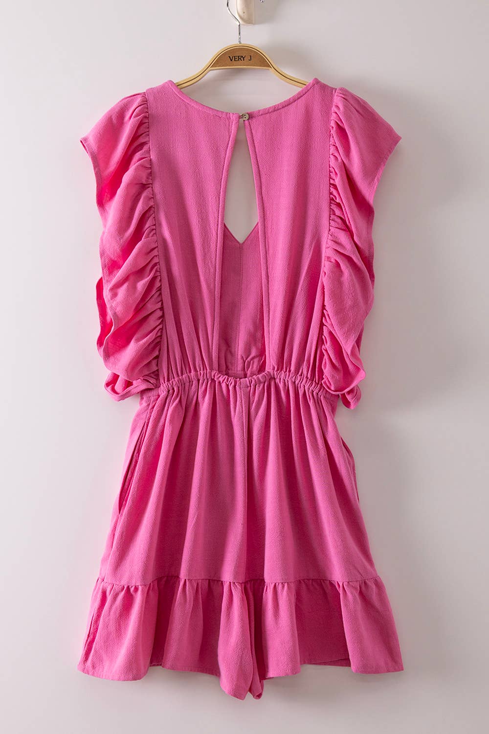 Ruffled Sleeve Romper with Teardrop Back Cutout Detail: Blue/Yellow/Pink** SUMMER SALE!!! ** Sizes Small - Large!