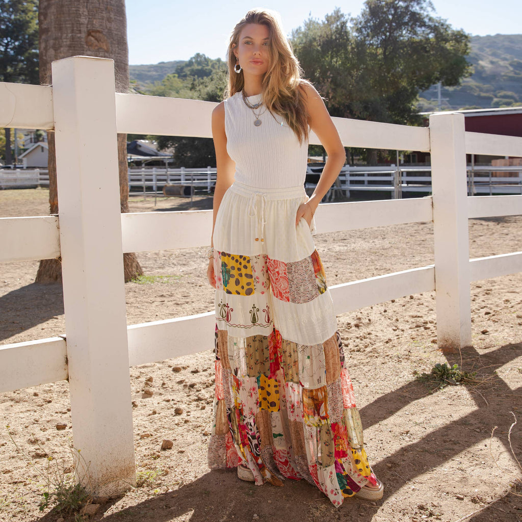 Young Threads - Boho Artisan Tiered Patchwork Wide-Leg Pants: Moss - Sizes Small - XL