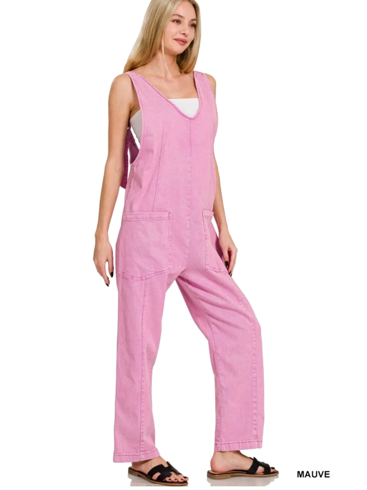 Zenana Mineral Washed Adjustable Strap Overalls/Jumpsuit - Pink - Small - Large