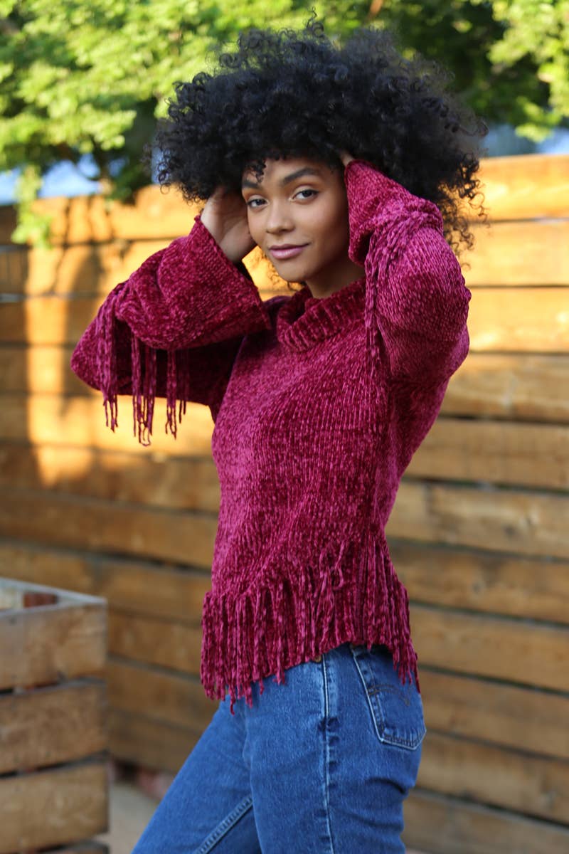 Berry Bliss Fringe Chenille Sweater Sizes Sm-Lg