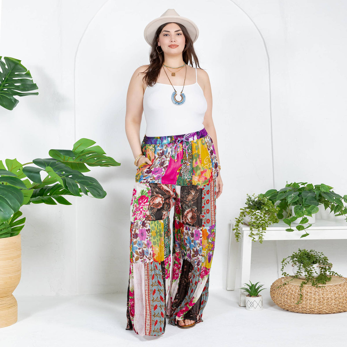 Young Threads Retro Revival Long Flared Patchwork Pants: Floral / PLUS 1X-3X