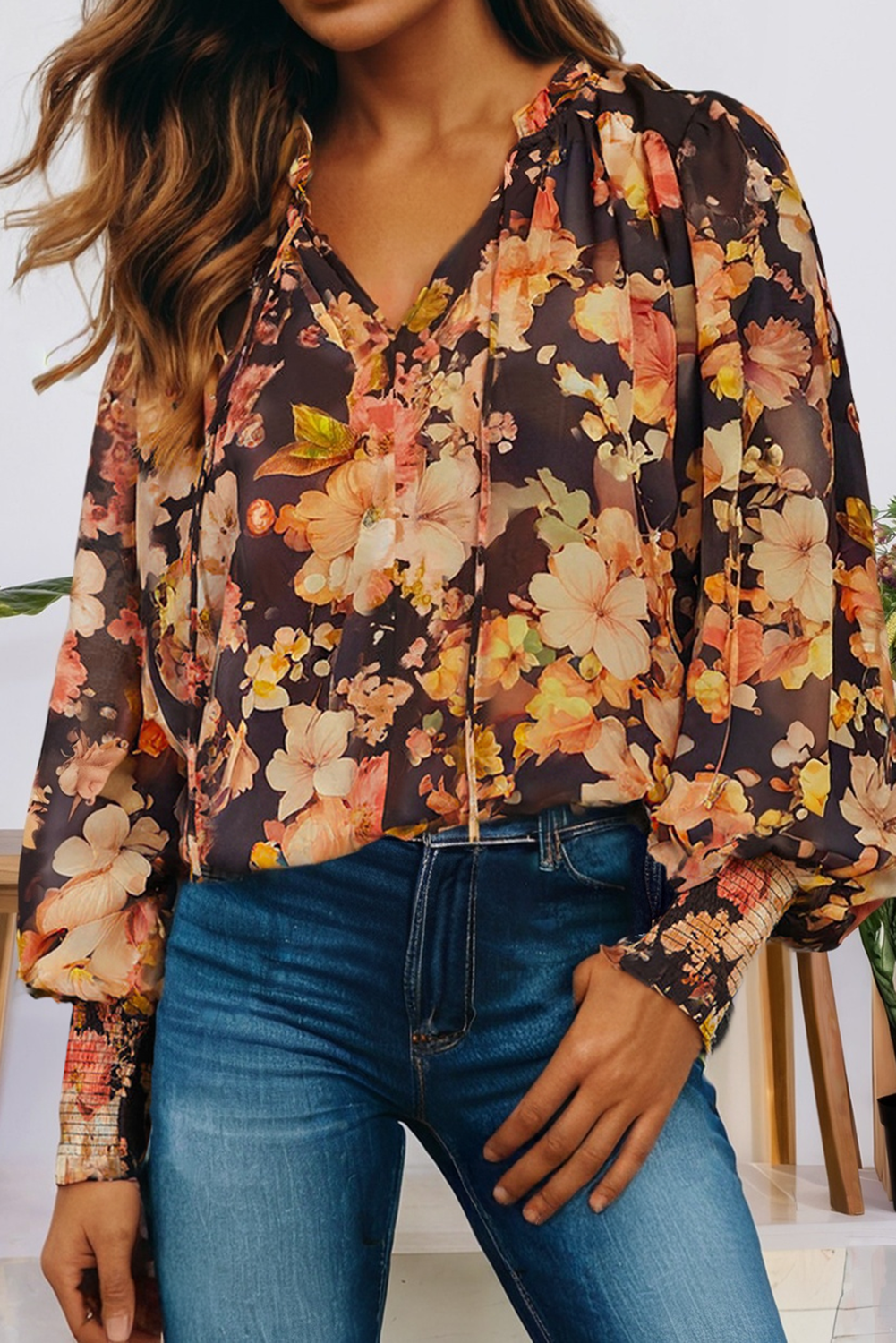 Fall Floral V Neck Long Puff Sleeve Breezy Blouse