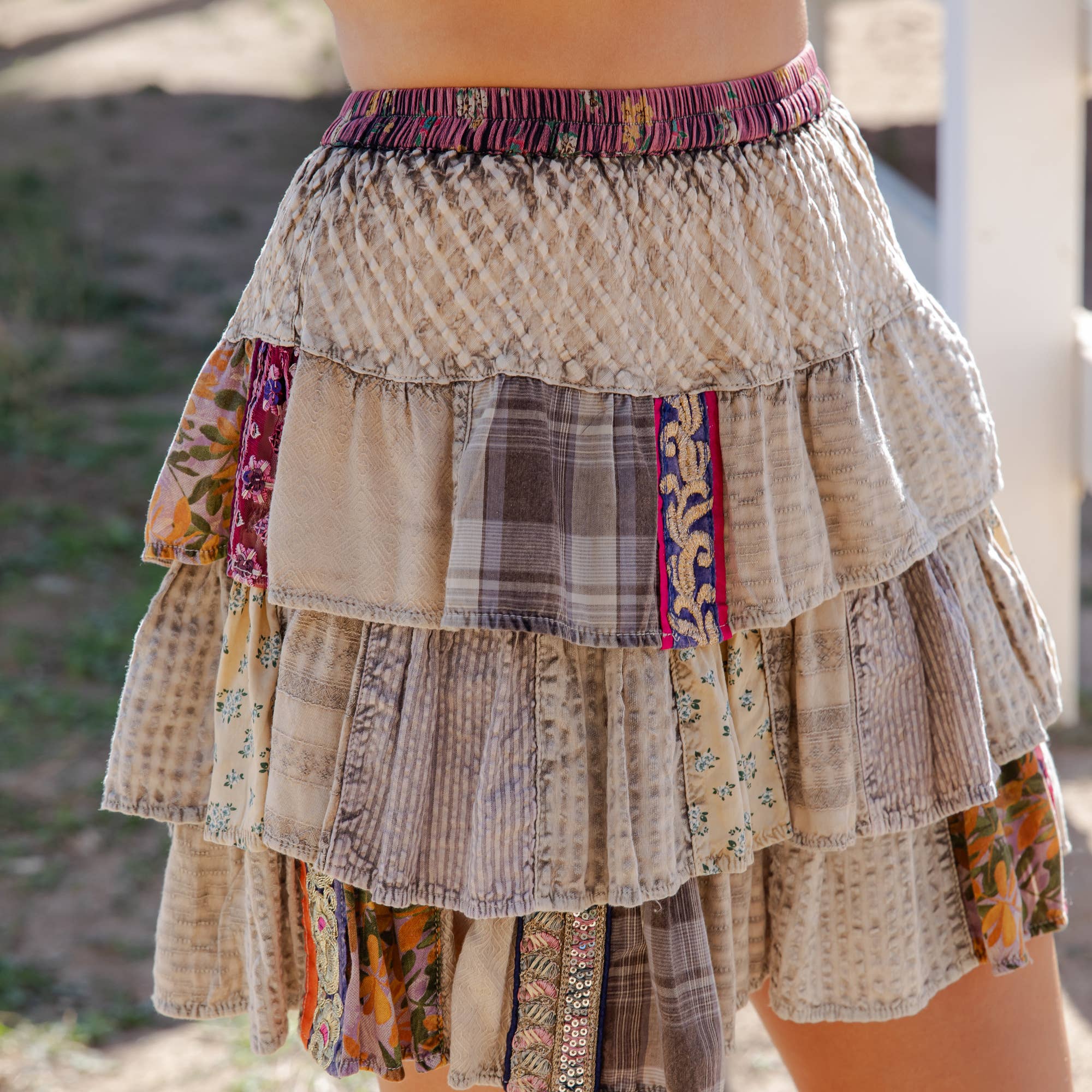 Young Threads Artisan Patchwork Ruffle Tiered Mini Skirt: Latte / Small - XL