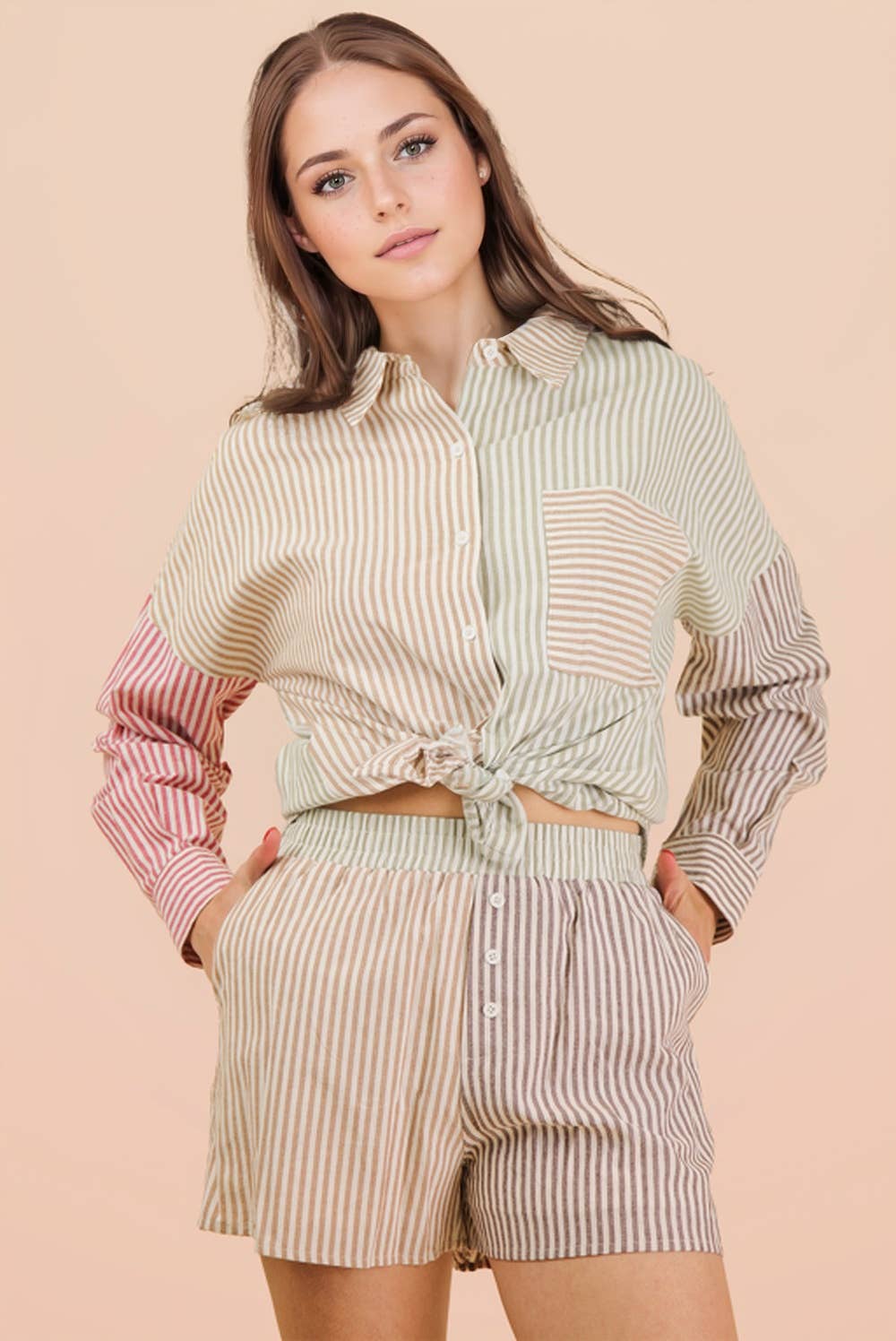 Stripe Color Block Shirt & Shorts Set: PINK MIX / S-M-L/