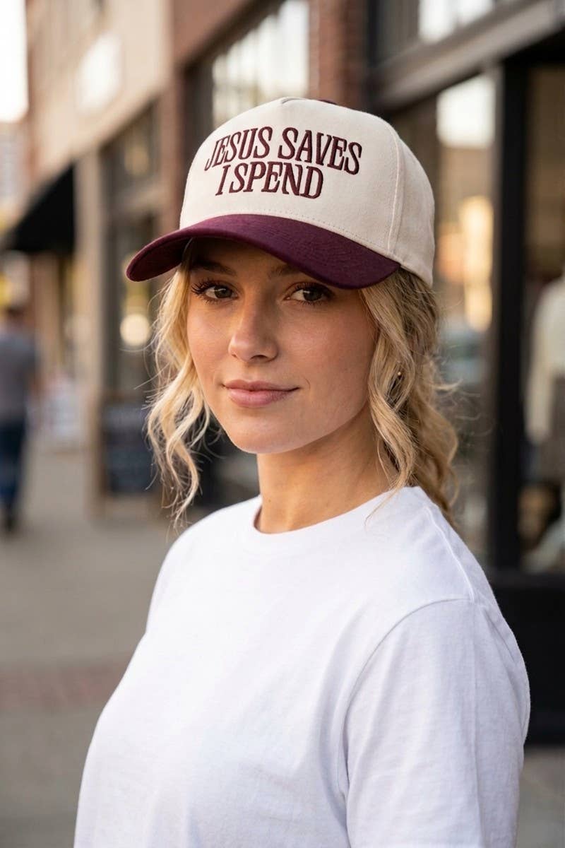 `Jesus Saves I Spend Two Tone Canvas Cotton Cap  Zenana : COUGAR / OS