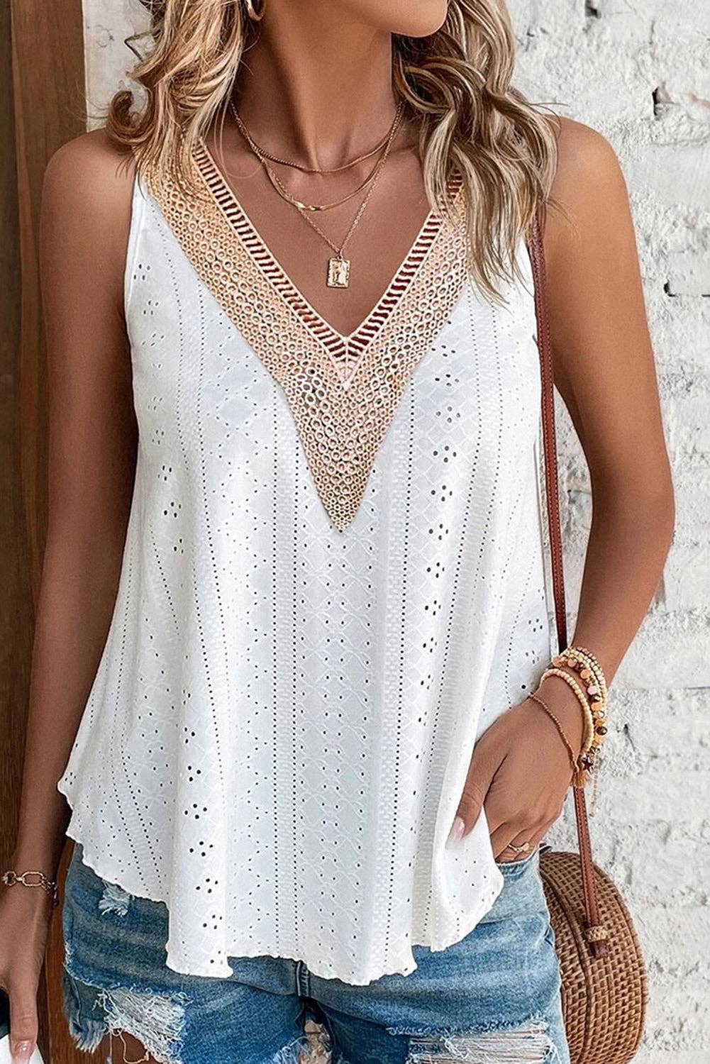 Eyelet Lace V Neck Loose Fit Sleeveless Tank Top: White /Small - XL
