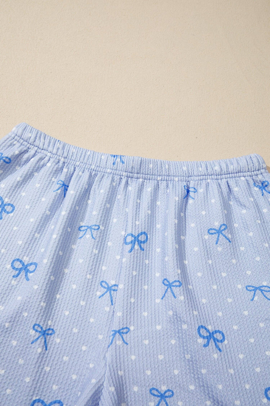 Bow Textured Ribbed Lounge Set Casual Short Set: Sky Blue S-XL