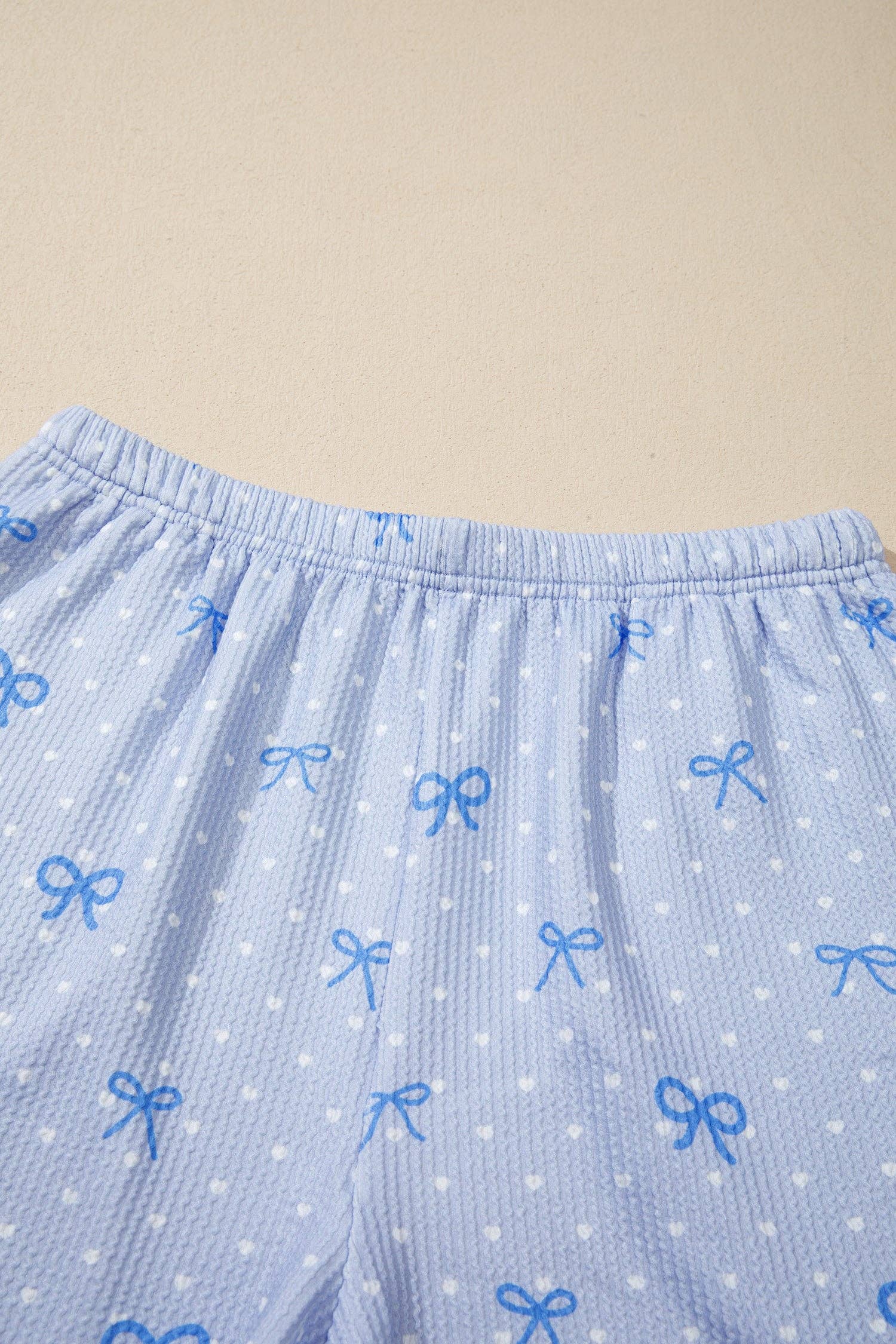 Bow Textured Ribbed Lounge Set Casual Short Set: Sky Blue S-XL