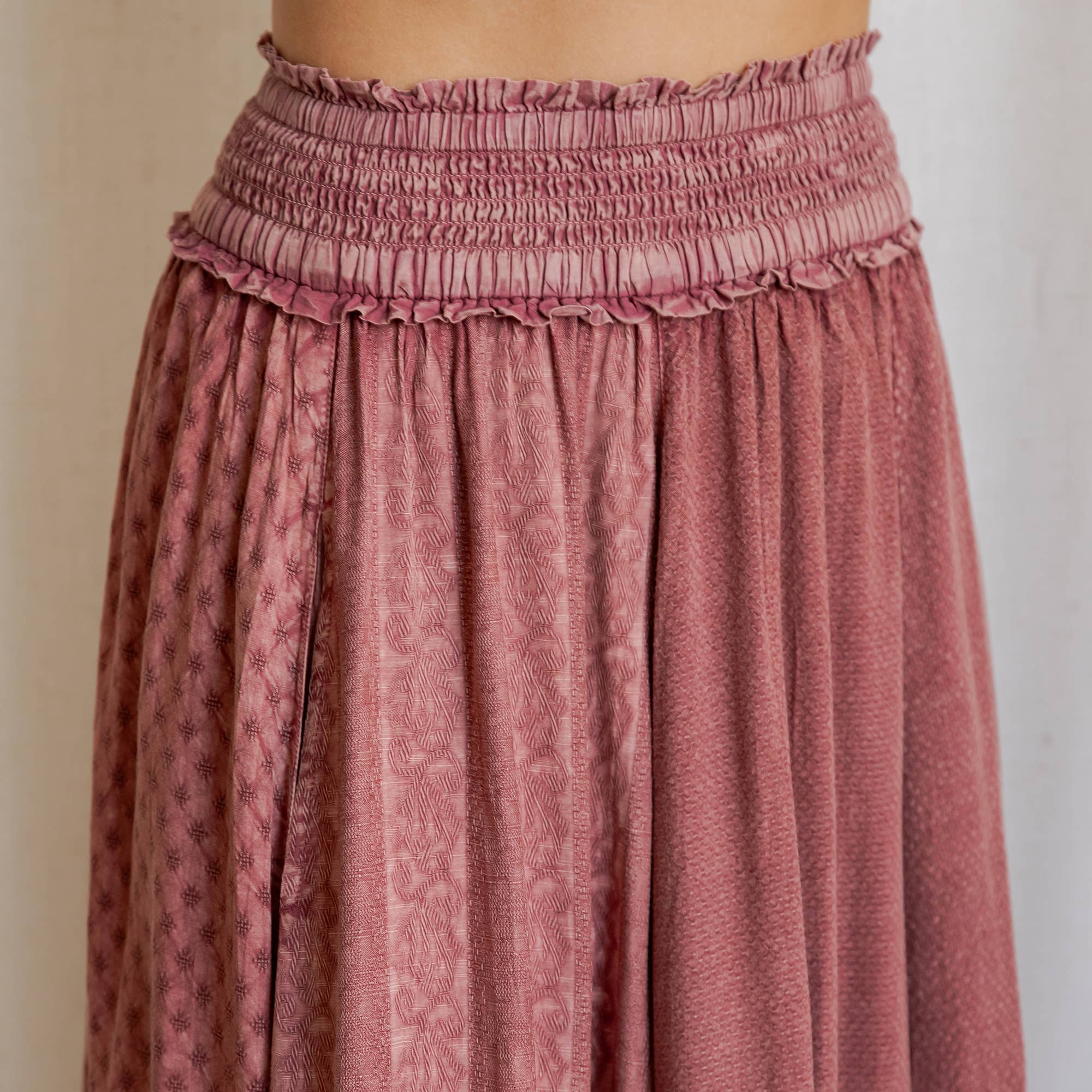 Young Threads: Rustic Textured Smocked Waist Ruffled Tiered Maxi Skirt: Gray / Small - 3X