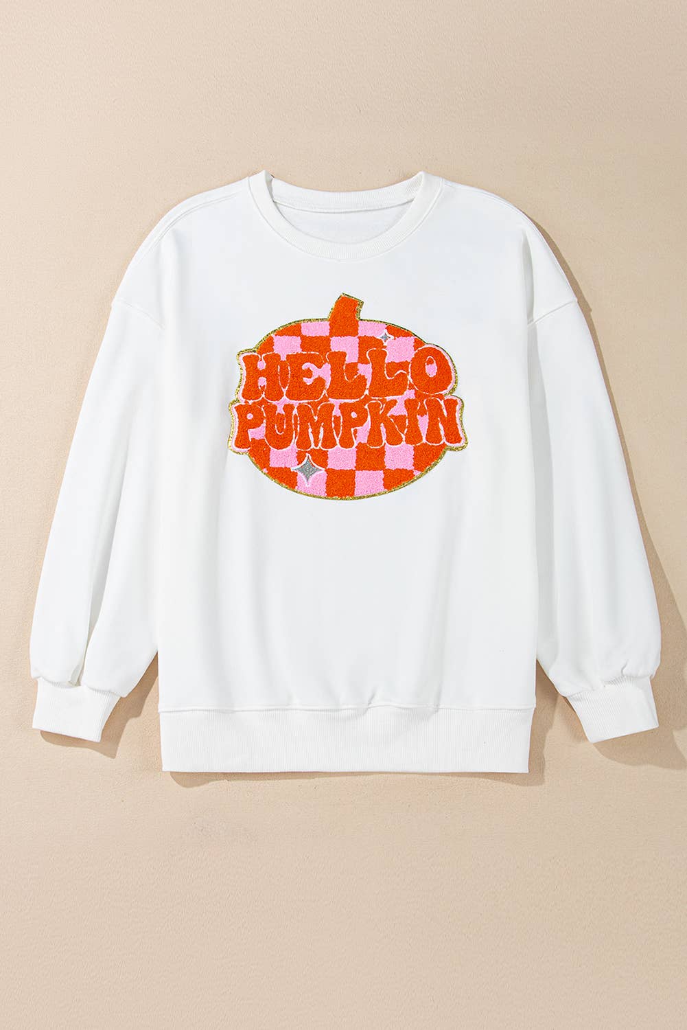 Terry Halloween Pumpkin Patched Pattern Sweatshirt: White / XL