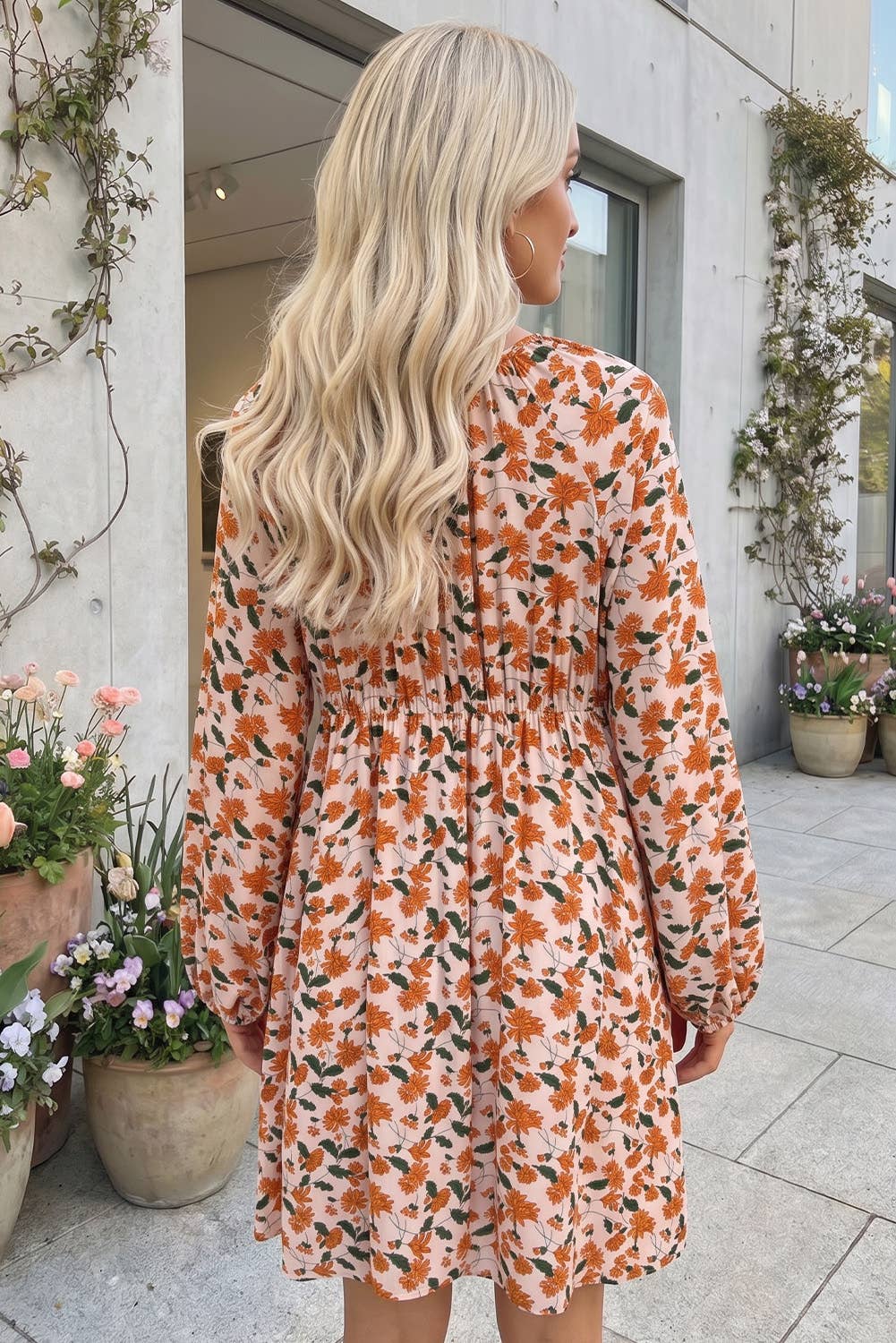 Fall Floral Deep V Neck Smocked Bubble Sleeve Dress