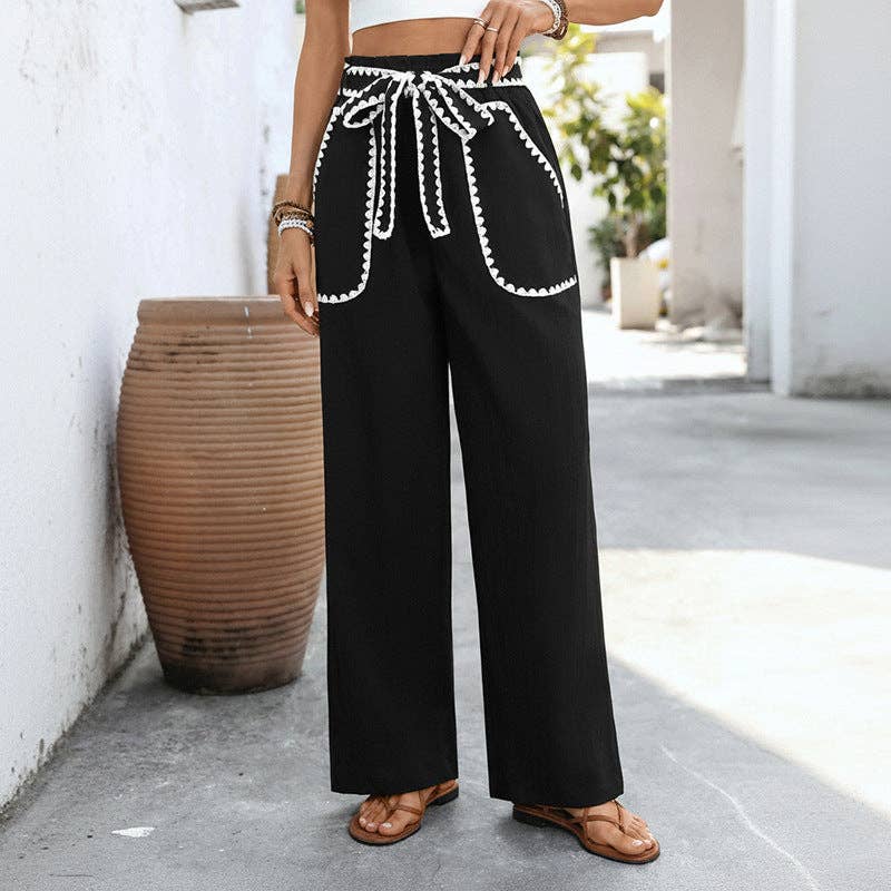 High Waist Wide Leg Matching Tie Belt Casual Pants: Black with White Contrast Stitching: Sizes: Small - Large