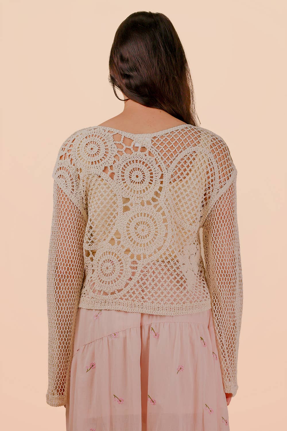 NT12142-Crochet Long Sleeve Knit Top: NATURAL / S.M-M.L/