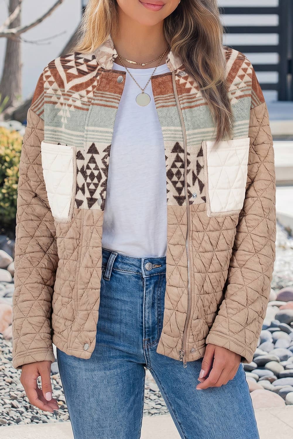 Quilted Patchwork Western Fashion Jacket: Light French Beige Size Small - XL