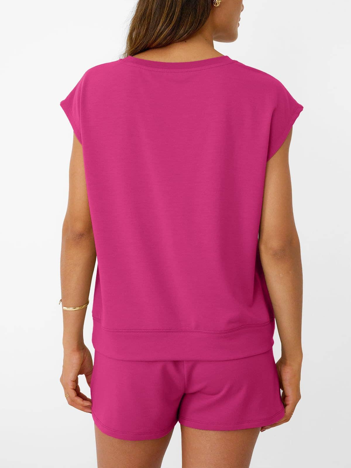 Casual Short Sleeve Top and Shorts Two Piece Set: Olive Green or Hot Pink / S-XL