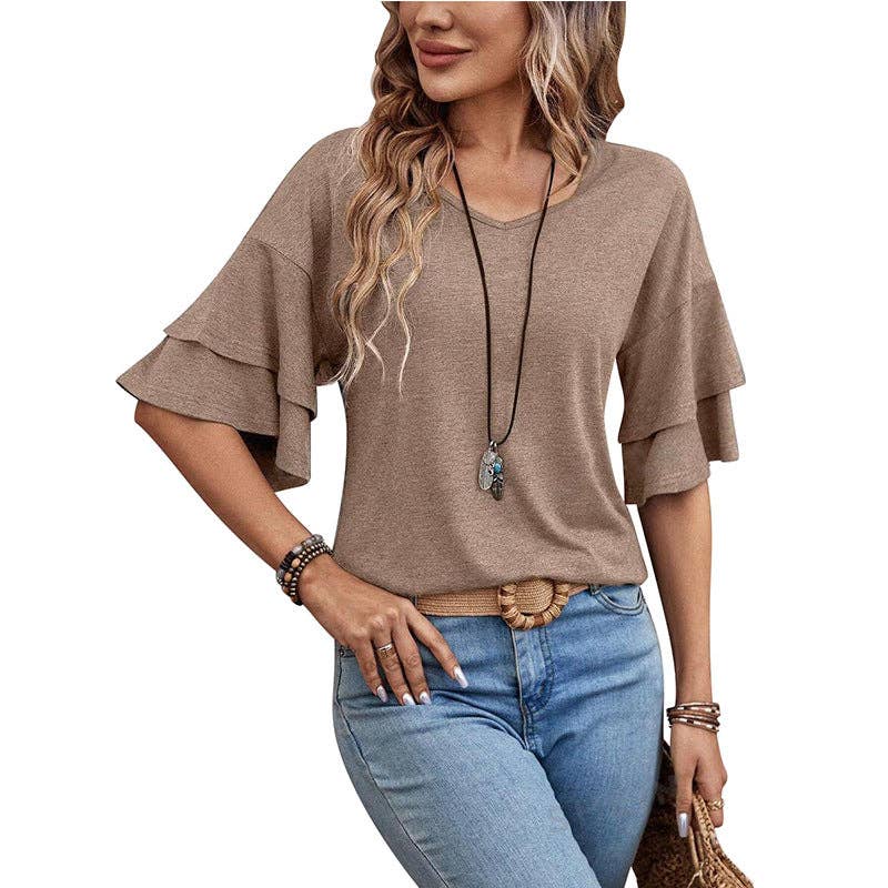 V Neck Ruffle Sleeve Loose Fit Women’s Top: Black/Navy/Tan: Sizes Small - 2X