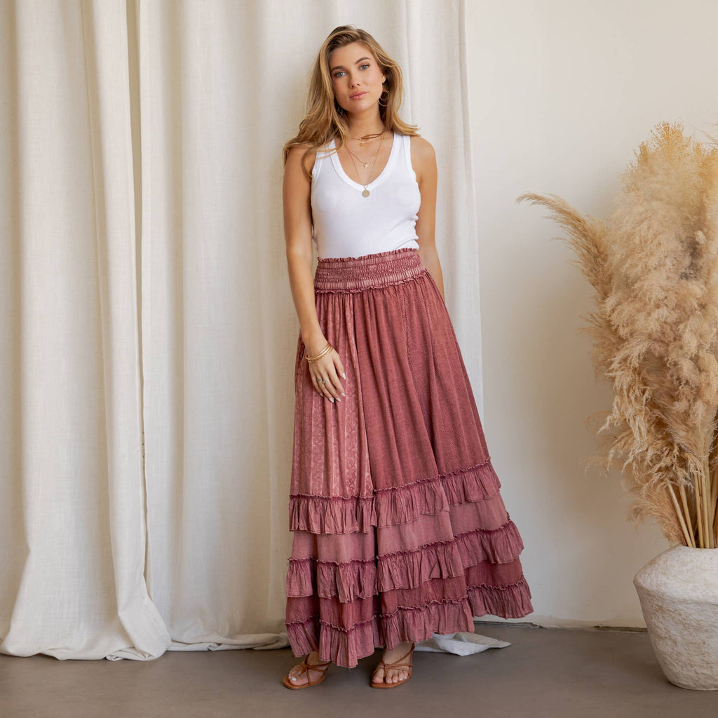 Young Threads: Rustic Textured Smocked Waist Ruffled Tiered Maxi Skirt: Gray / Small - 3X