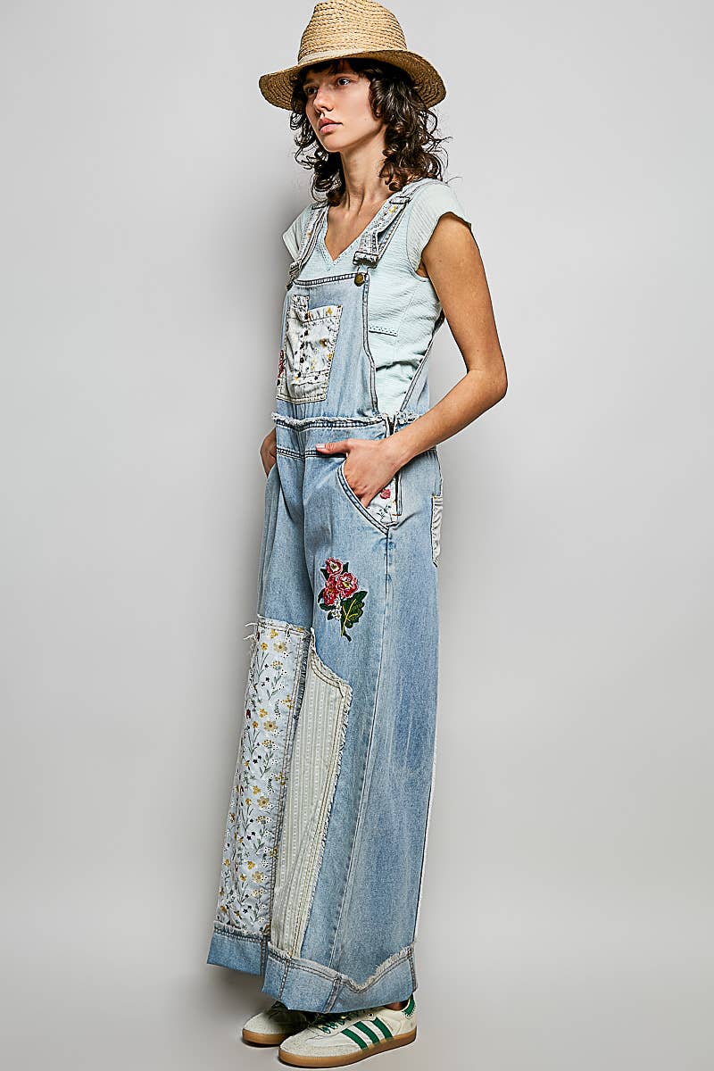 POL Relaxed Fit Floral Patchwork Embroidery Gauze Ruffle Hem Overall: DENIM