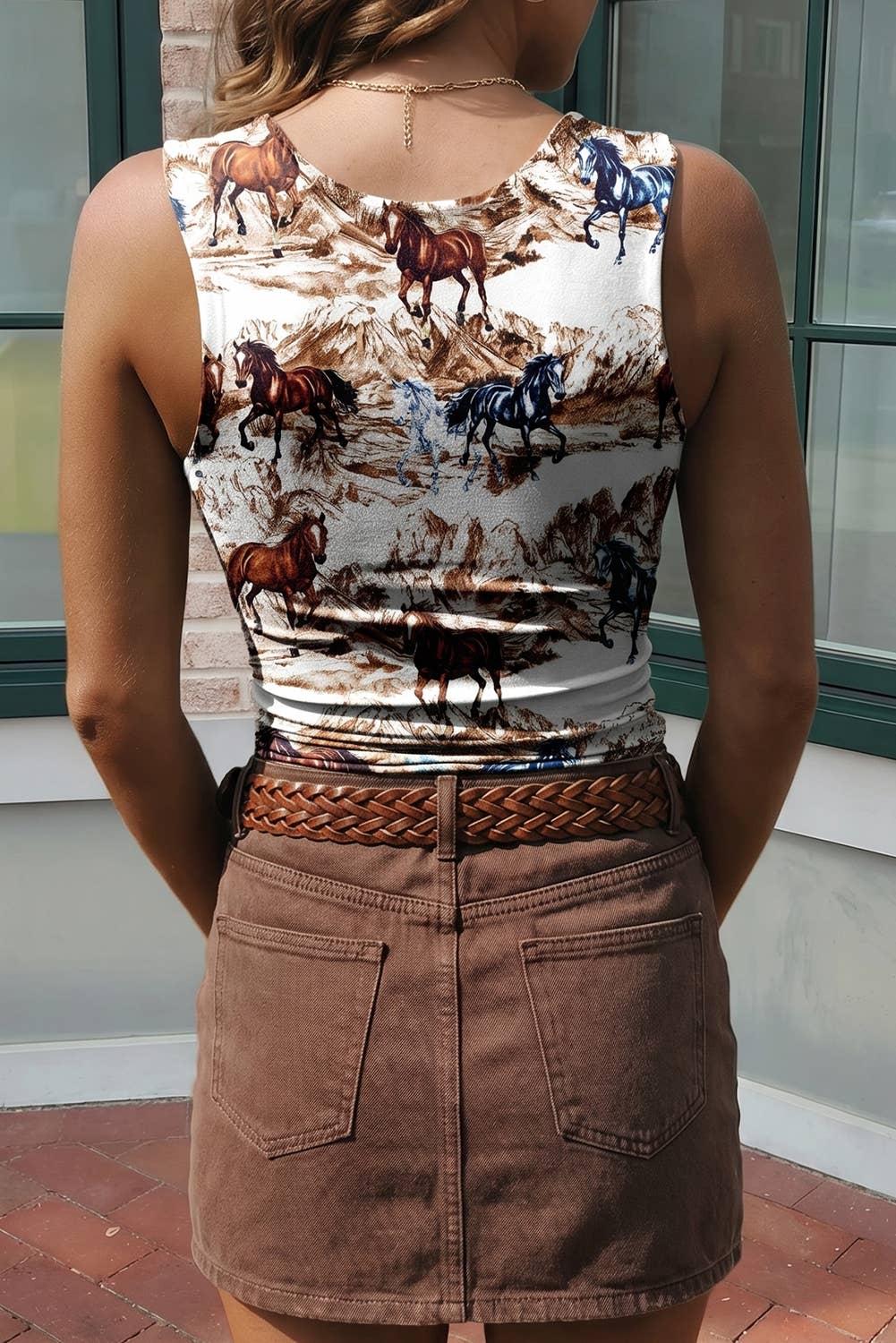 Western Horse U Neck Sleeveless Tank Top / S-XL