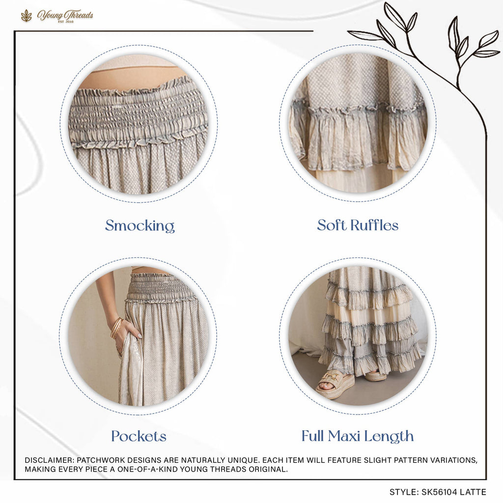 Young Threads: Rustic Textured Smocked Waist Ruffled Tiered Maxi Skirt: Gray / Small - 3X