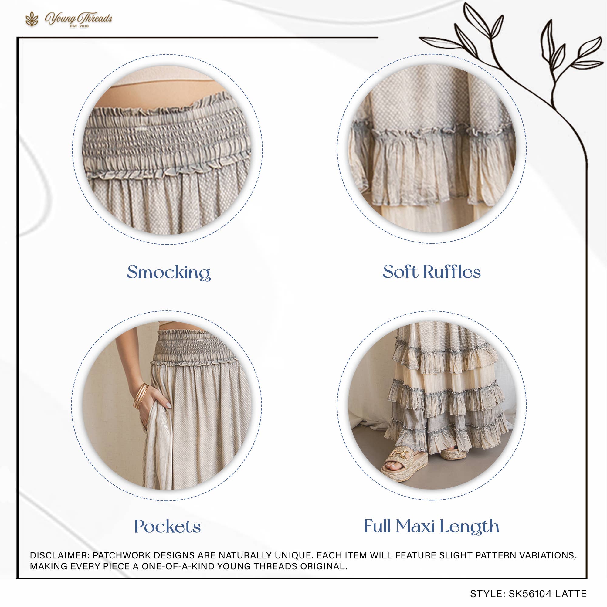 Young Threads: Rustic Textured Smocked Waist Ruffled Tiered Maxi Skirt: Gray / Small - 3X