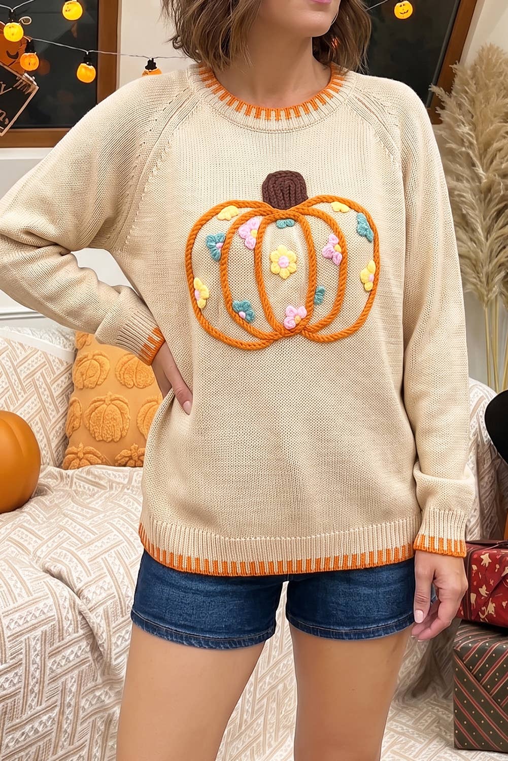 Autumn/Fall Floral Embroidery Pumpkin Sweater : Parchment - Size S-XL