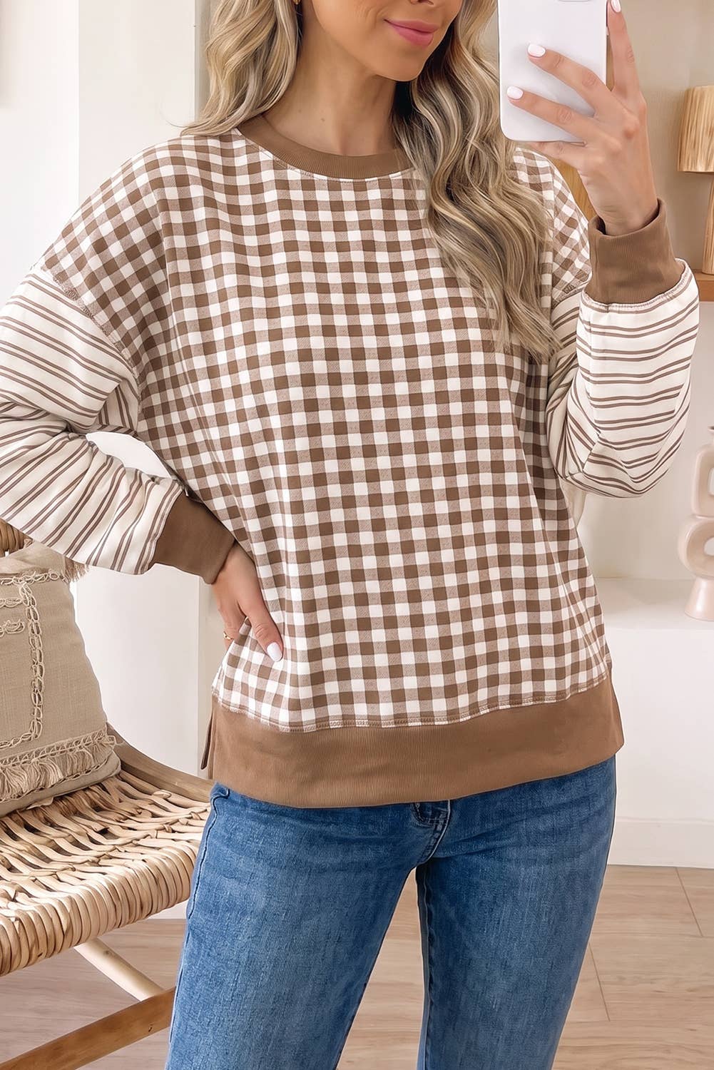 Cozy Gingham and Stripe Print Pullover - Sizes: Small - XL