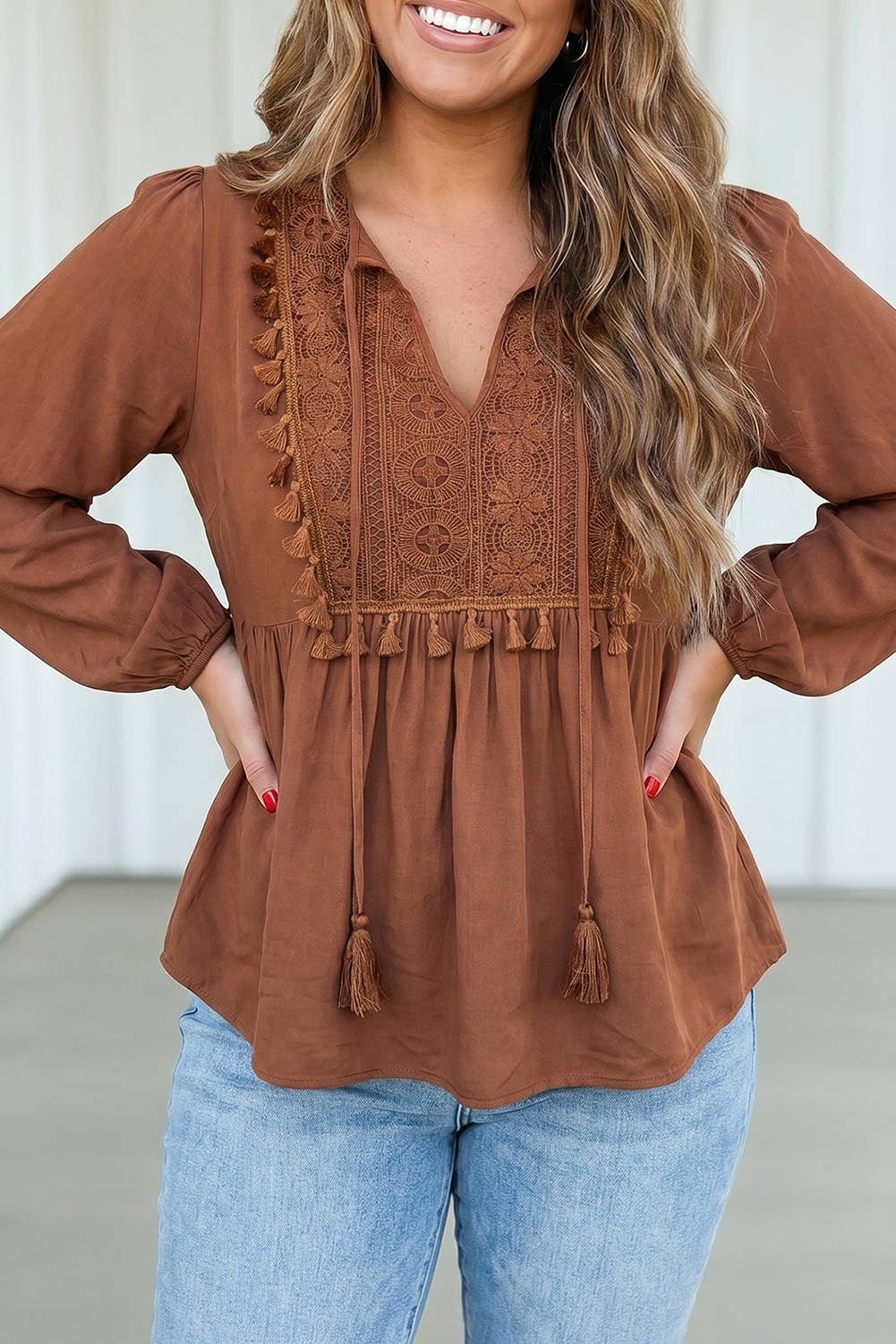 Boho Embroidered Knot Fringe Plus Size Blouse: Chestnut / Plus Sizes in 1X-3X