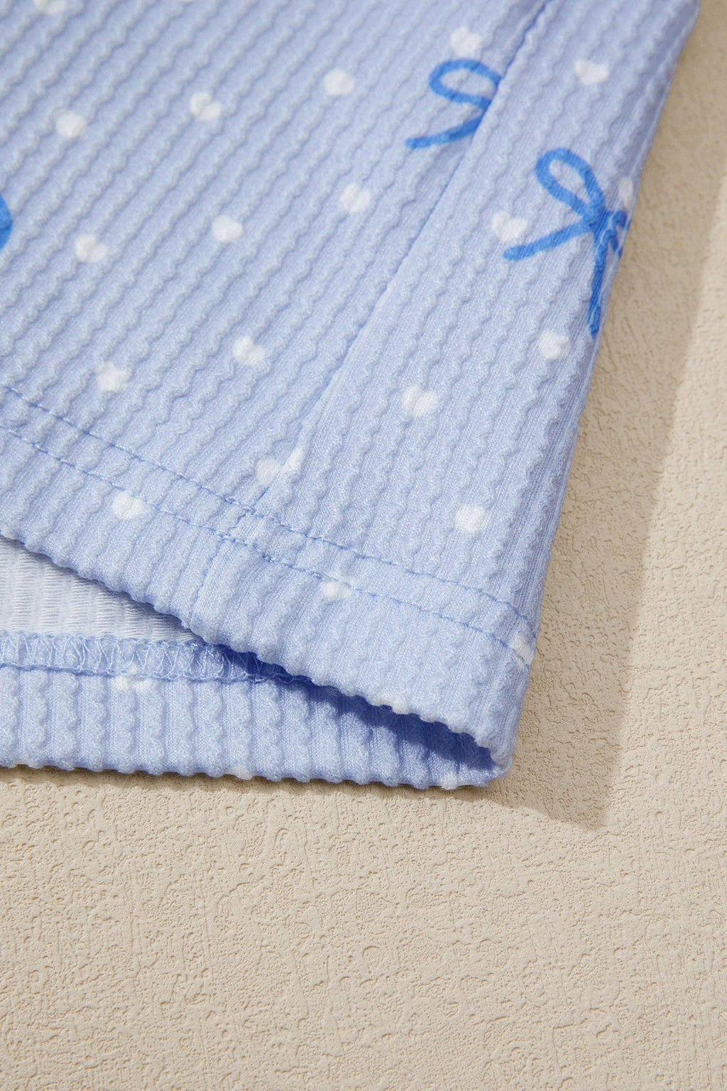 Bow Textured Ribbed Lounge Set Casual Short Set: Sky Blue S-XL