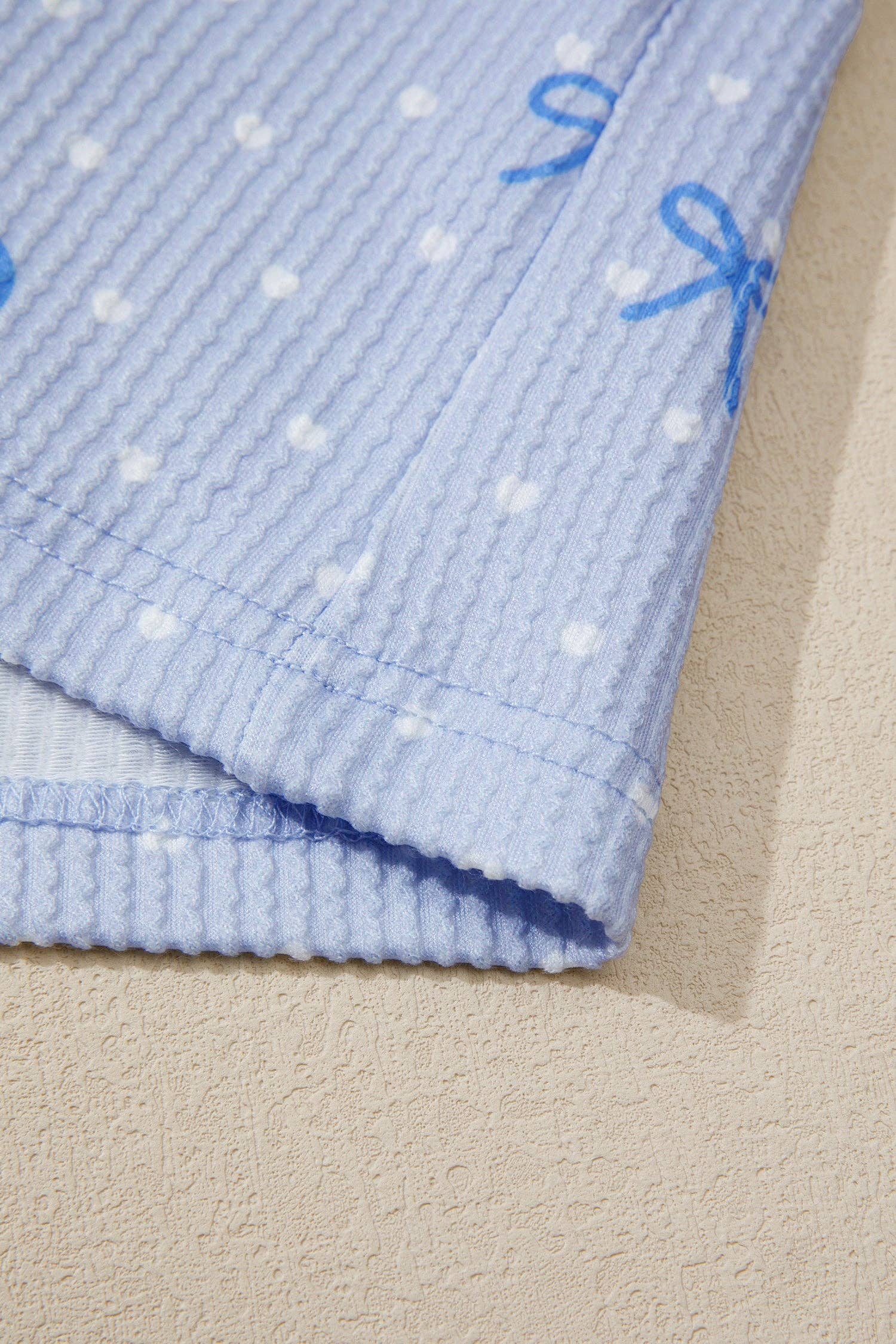 Bow Textured Ribbed Lounge Set Casual Short Set: Sky Blue S-XL
