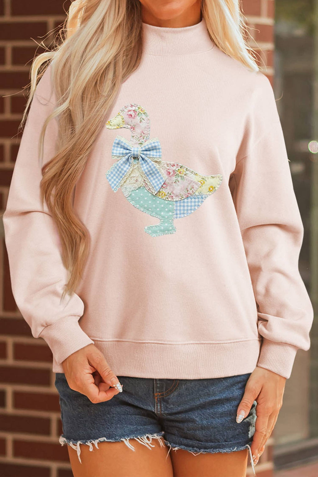 Patchwork Quilted Duck Faux Printed Mock Neck Sweatshirt: Pink
