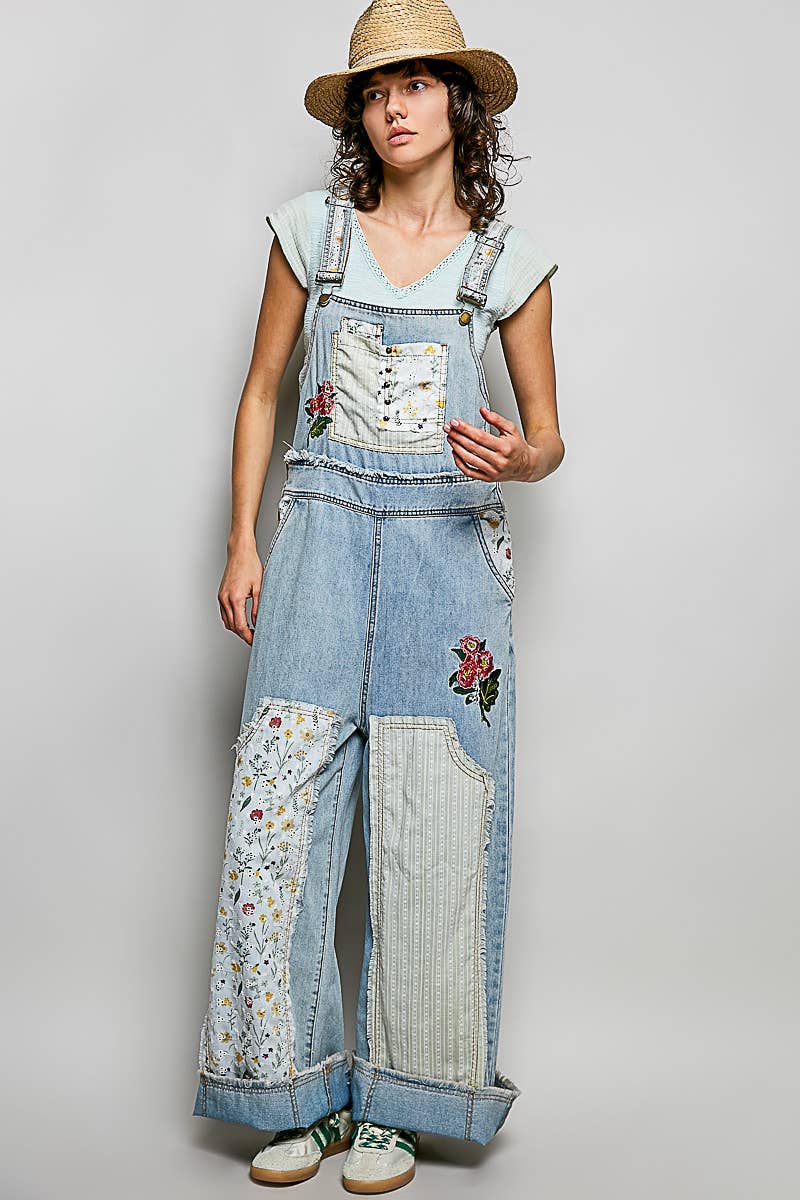 POL Relaxed Fit Floral Patchwork Embroidery Gauze Ruffle Hem Overall: DENIM