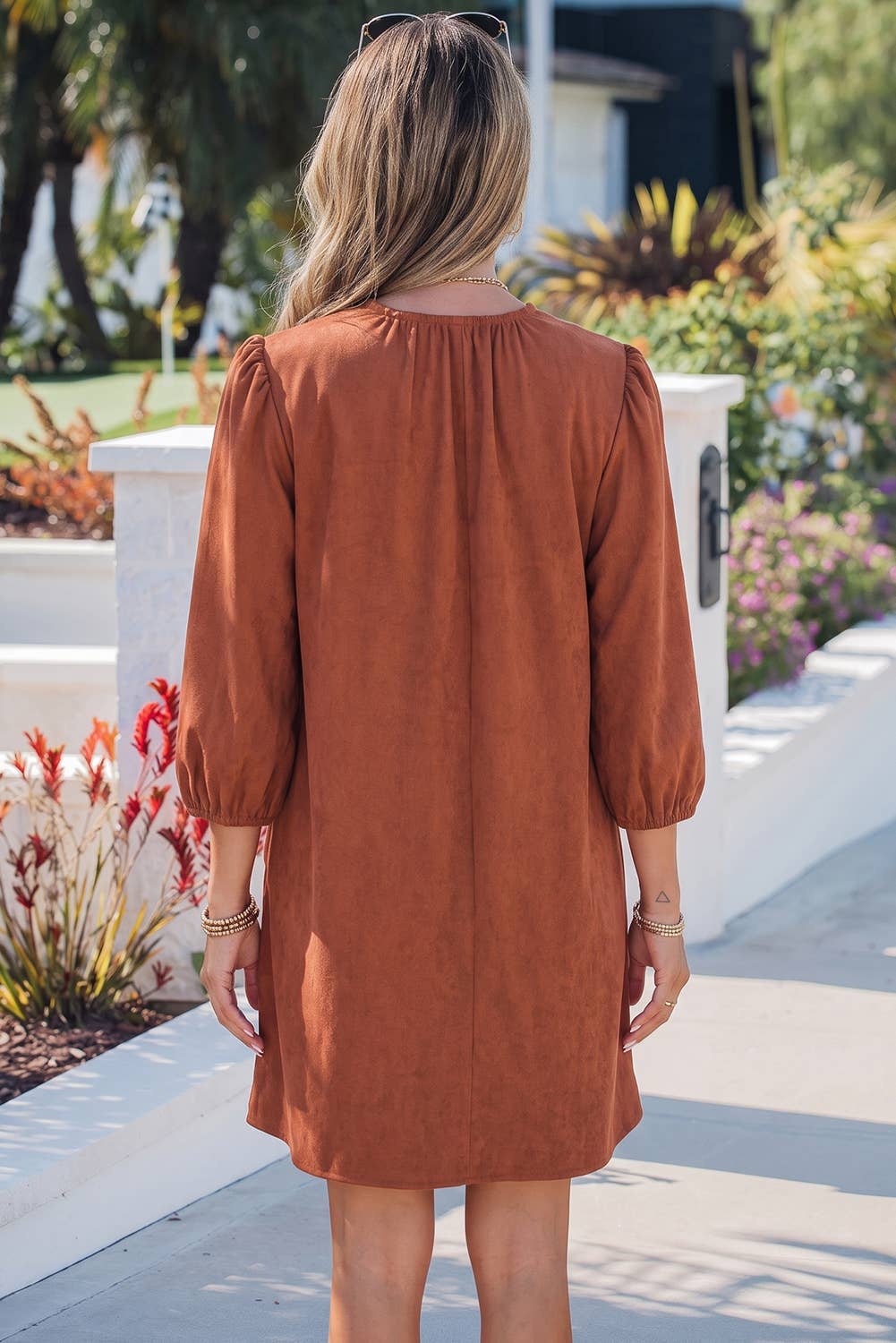 Scallop Split Neck Corduroy Pleated Dress With Pockets: Cinnamon / Moss Green - Sizes S-XL
