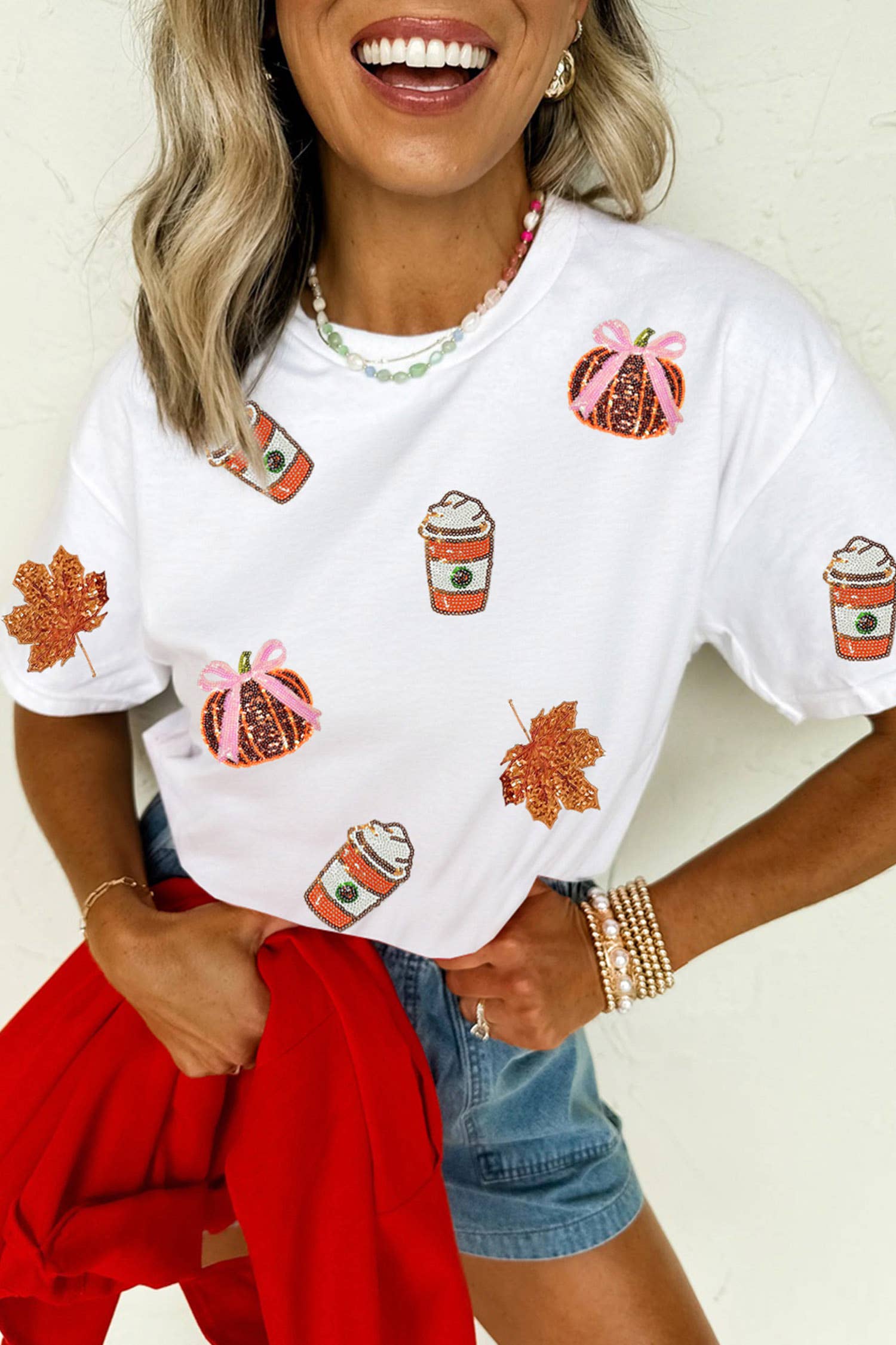 Sequined Pumpkin Fall Graphic T Shirt White