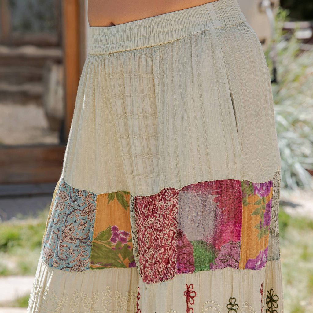 Young Threads - Boho Artisan Tiered Patchwork Wide-Leg Pants: Moss - Sizes Small - XL