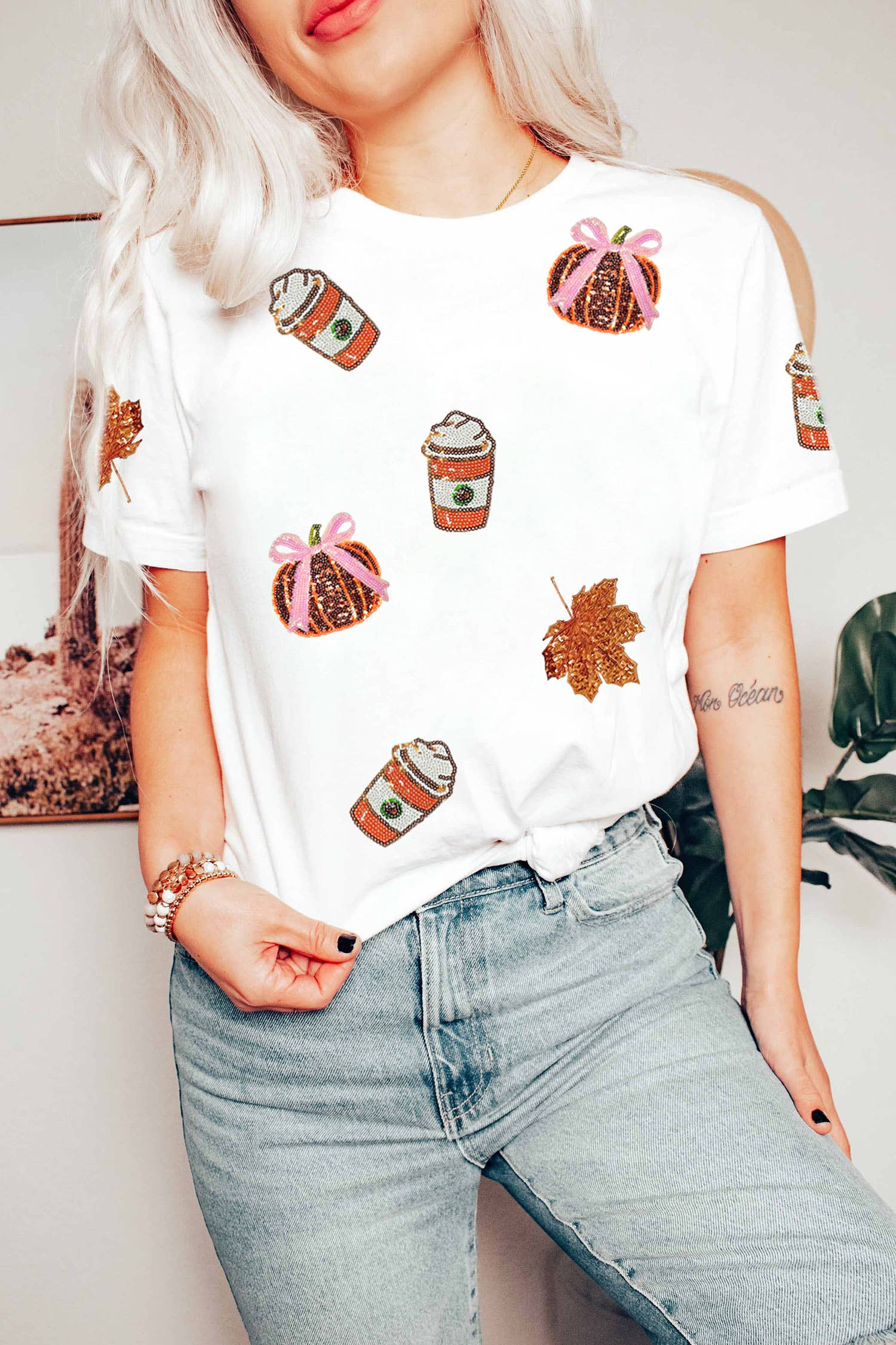 Sequined Pumpkin Fall Graphic T Shirt White