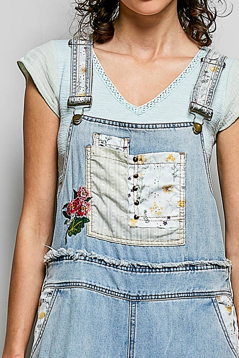 POL Relaxed Fit Floral Patchwork Embroidery Gauze Ruffle Hem Overall: DENIM