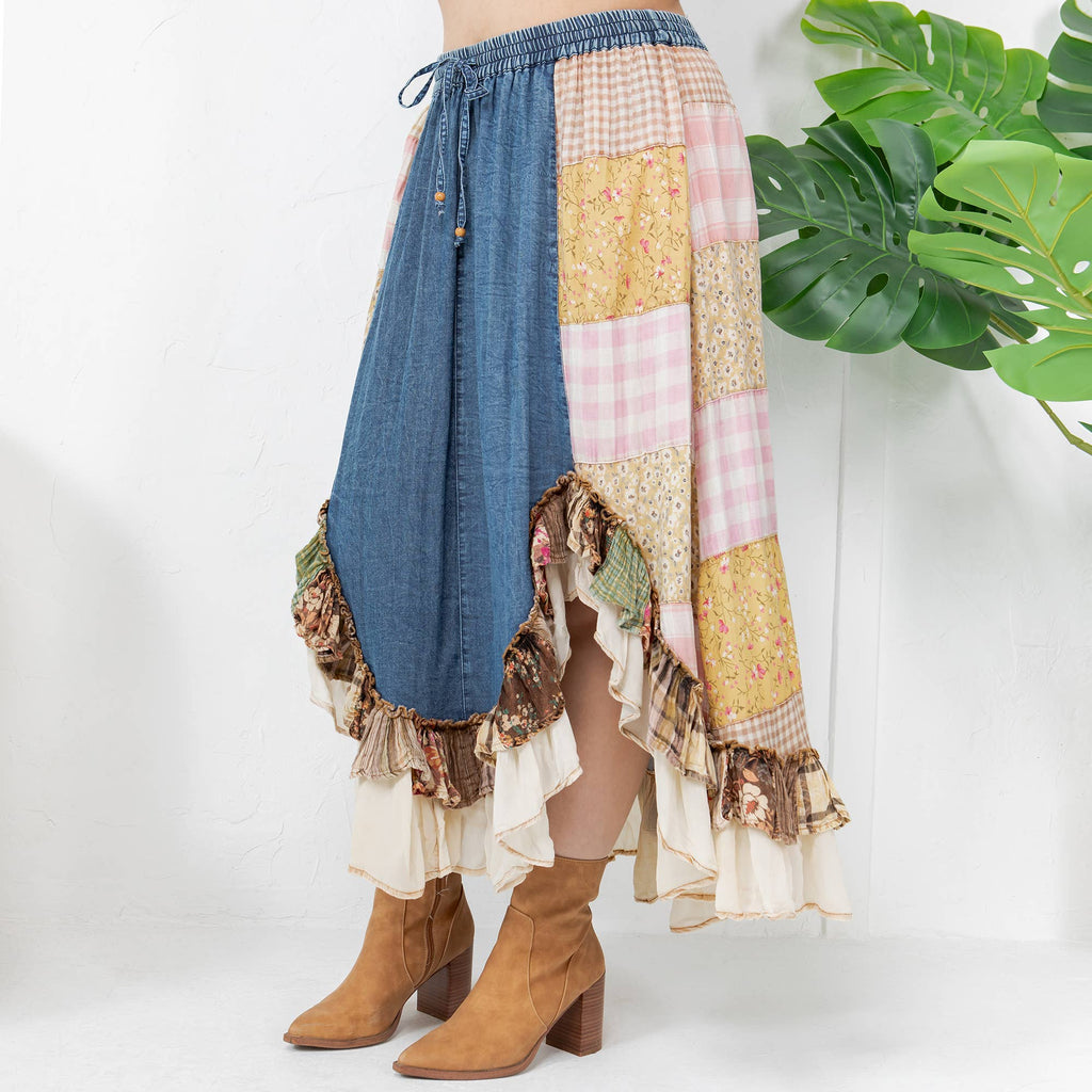 Young Threads: Western Boho Chic: Patchwork Midi Skirt : DENIM / Sizes Small - XL